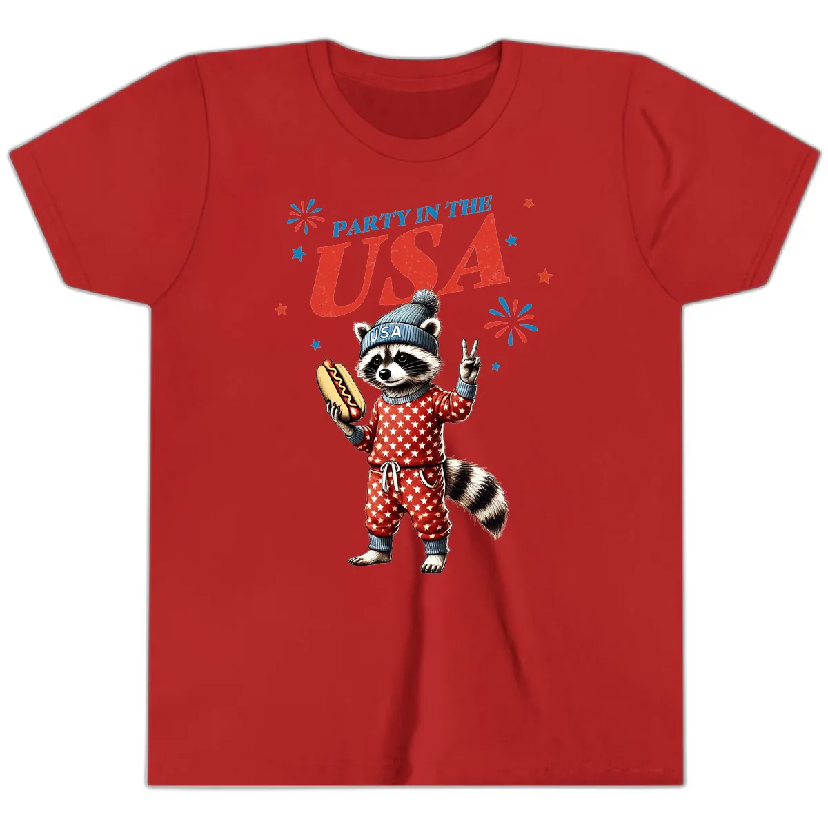 Party USA Raccoon Hotdog Celebration Youth T-Shirt in Red