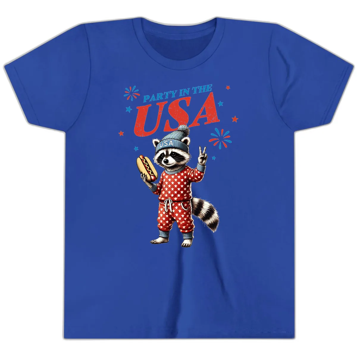 Party USA Raccoon Hotdog Celebration Youth T-Shirt in True Royal