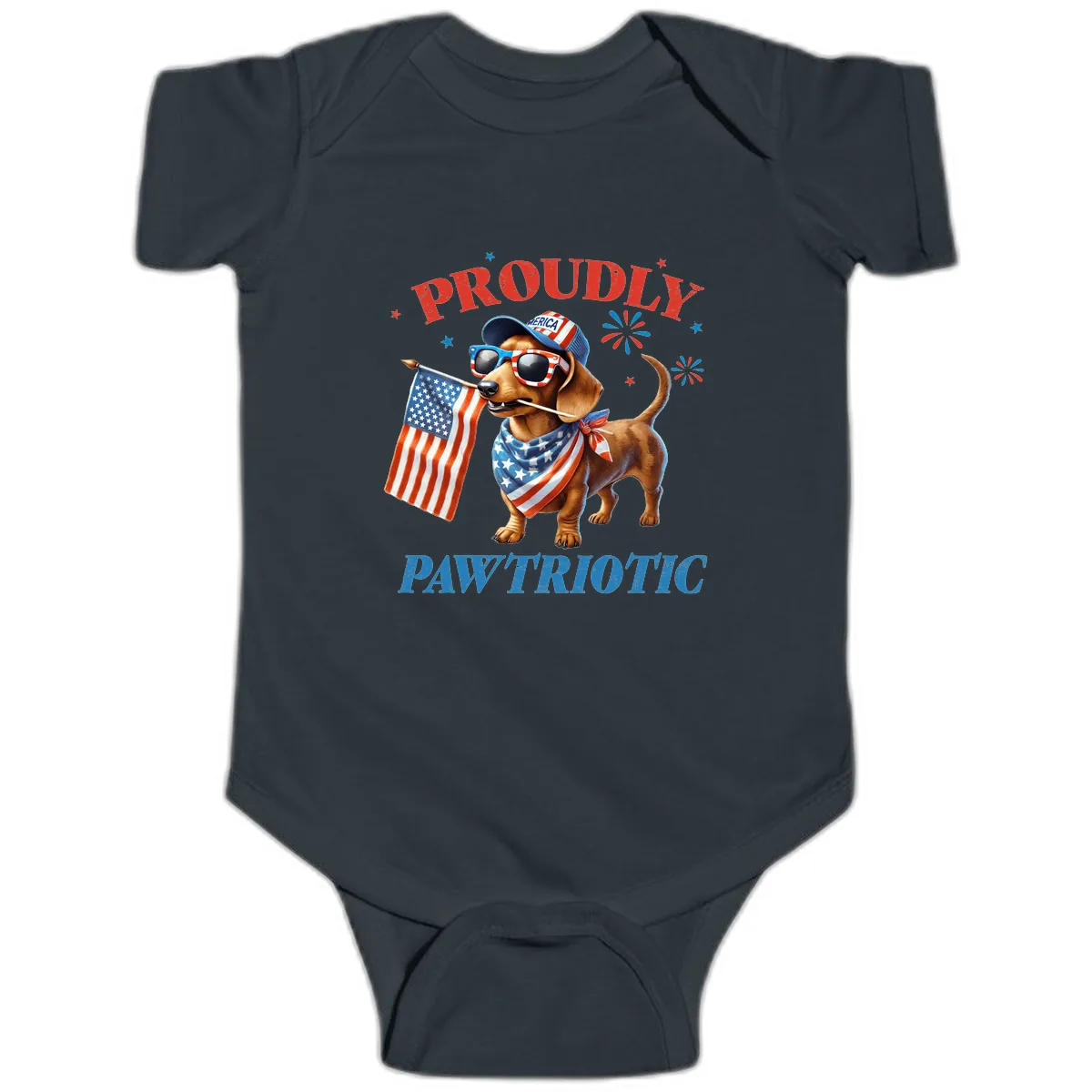Proudly Pawtriotic Dachshund Dog Baby Onesie in Black
