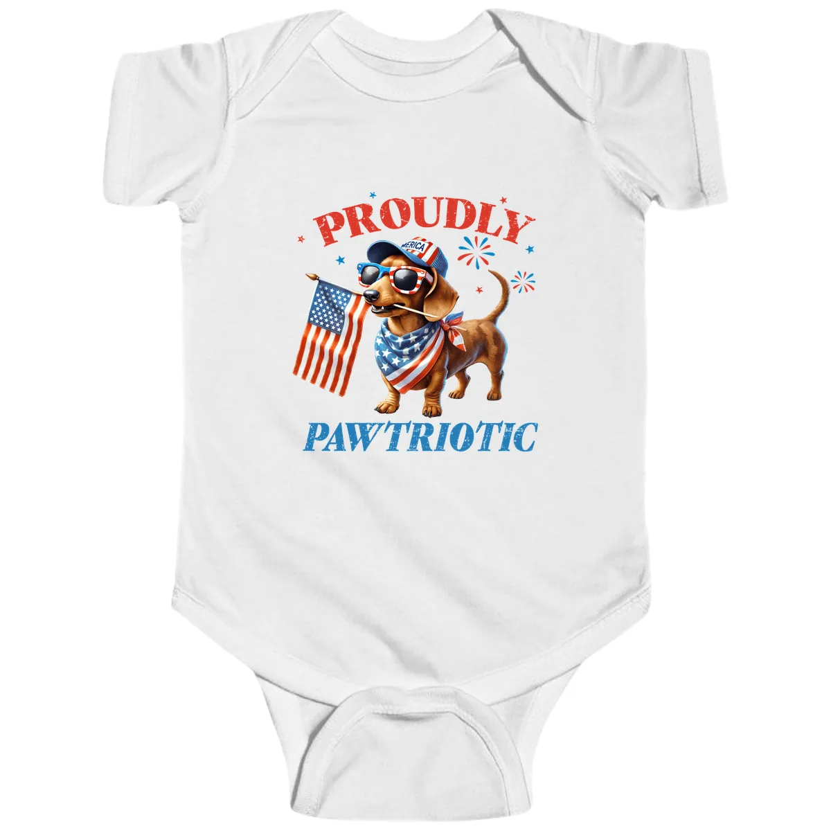 Proudly Pawtriotic Dachshund Dog Baby Onesie in White