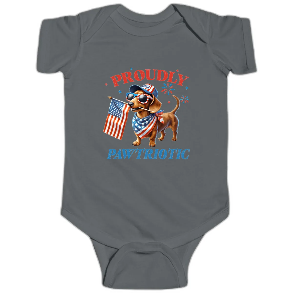 Proudly Pawtriotic Dachshund Dog Baby Onesie in Charcoal