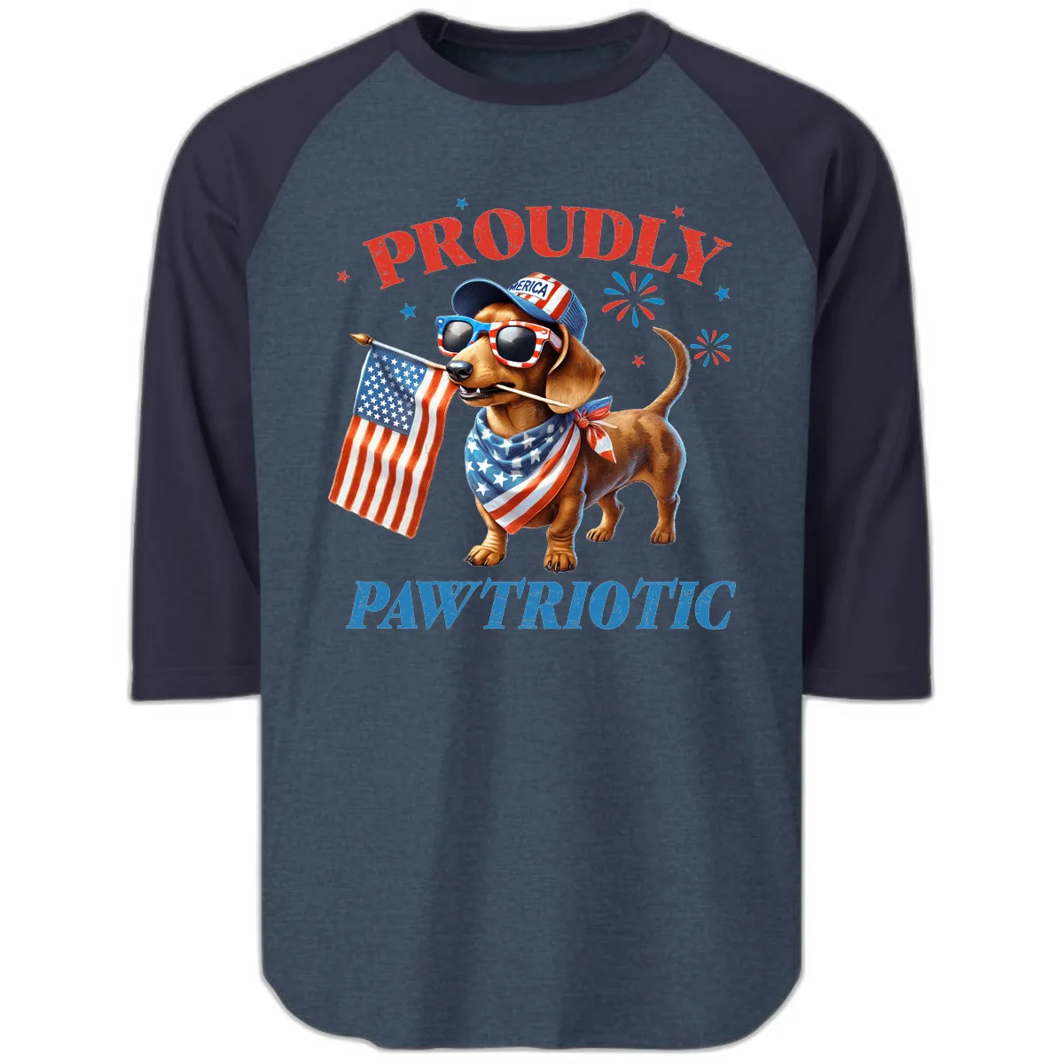Proudly Pawtriotic Dachshund Dog Raglan 3/4 in Heather Denim Navy