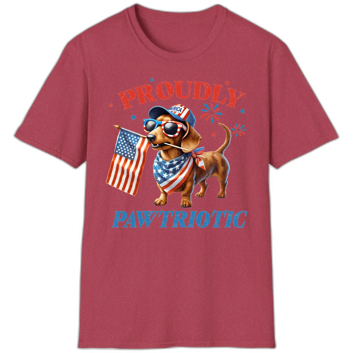 Proudly Pawtriotic Dachshund Dog T-Shirt in Heather Cardinal