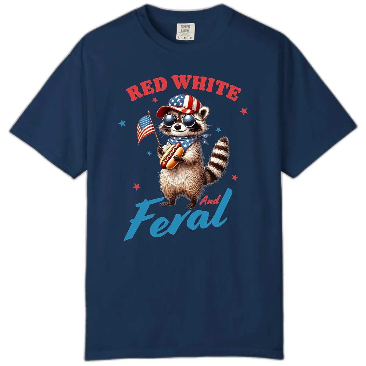Red White And Feral Patriotic Raccoon Comfort Color in Navy