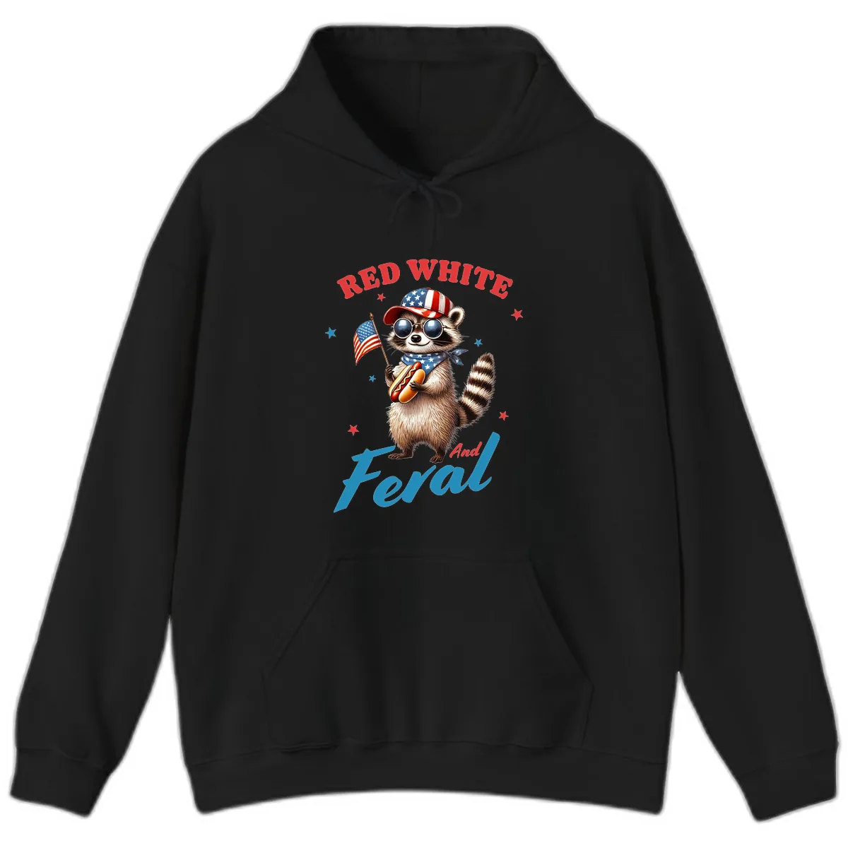 Red White And Feral Patriotic Raccoon Hoodie in Black