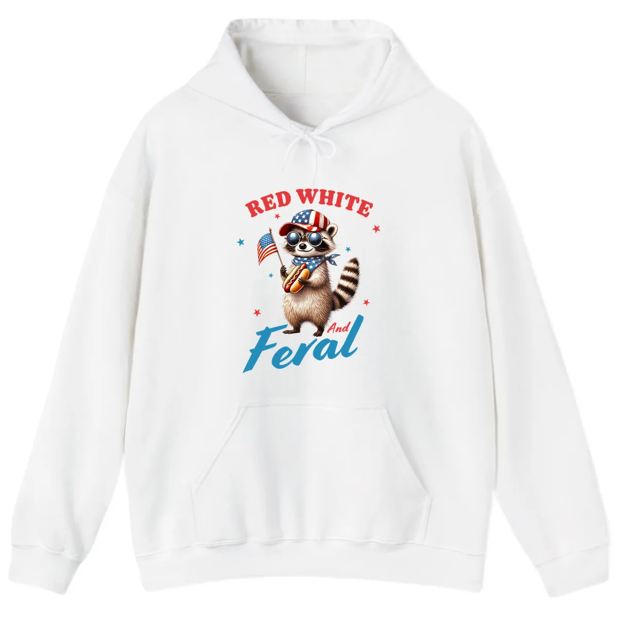 Red White And Feral Patriotic Raccoon Hoodie in White