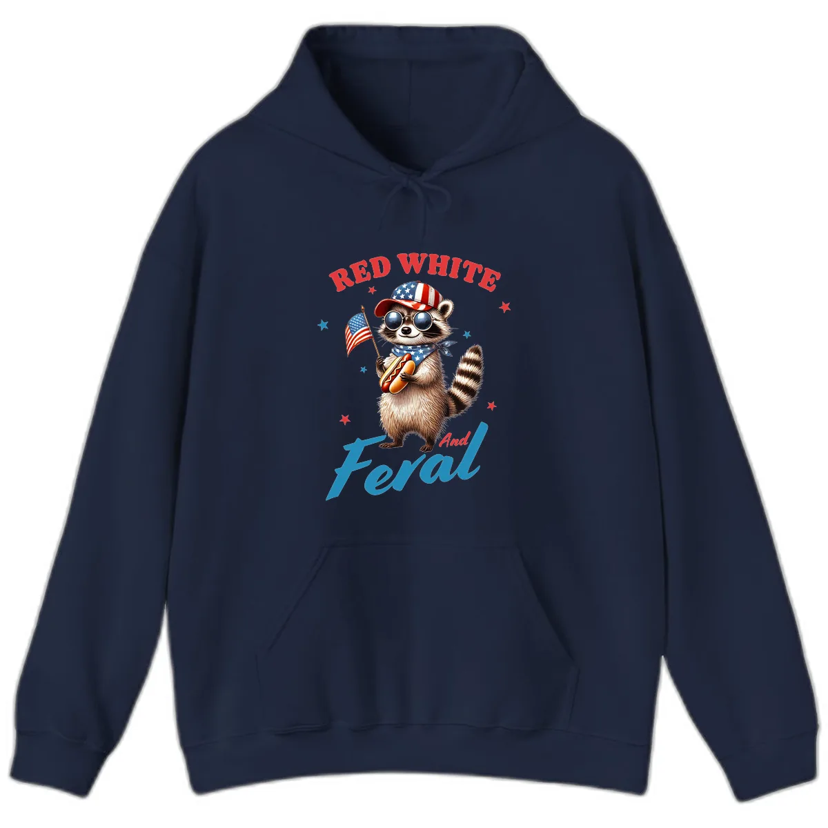 Red White And Feral Patriotic Raccoon Hoodie in Navy