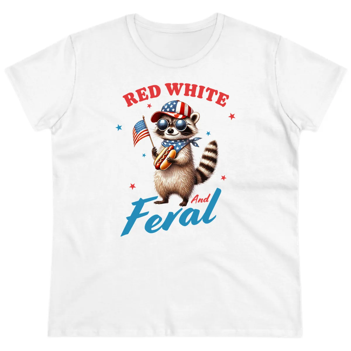 Red White And Feral Patriotic Raccoon Ladies Tee in White