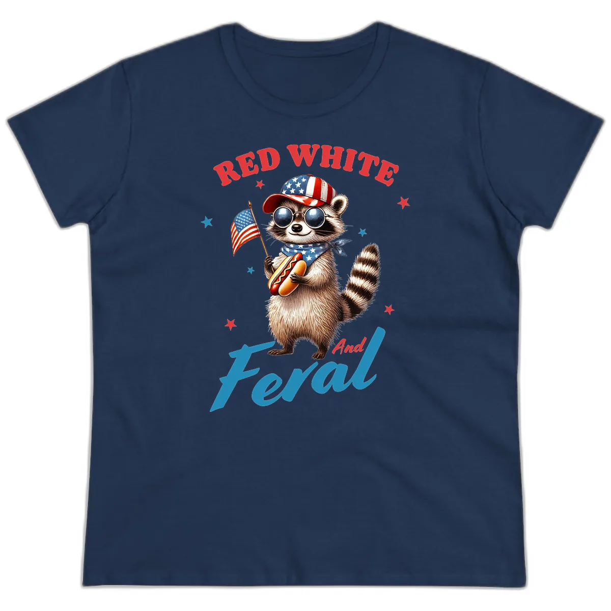 Red White And Feral Patriotic Raccoon Ladies Tee in Navy