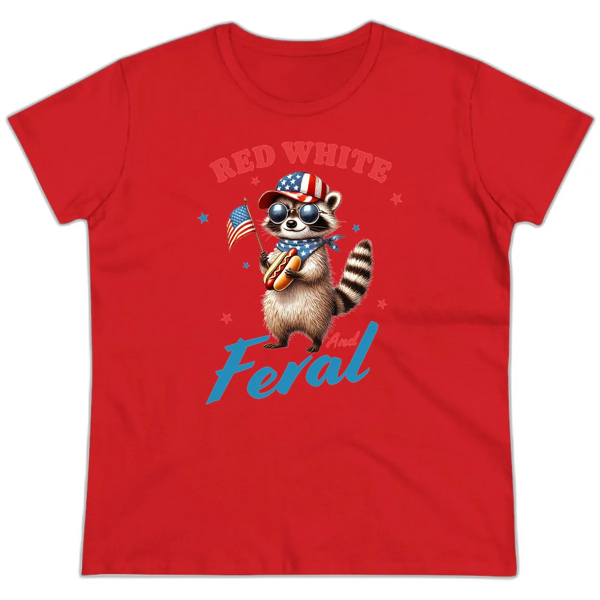Red White And Feral Patriotic Raccoon Ladies Tee in Red