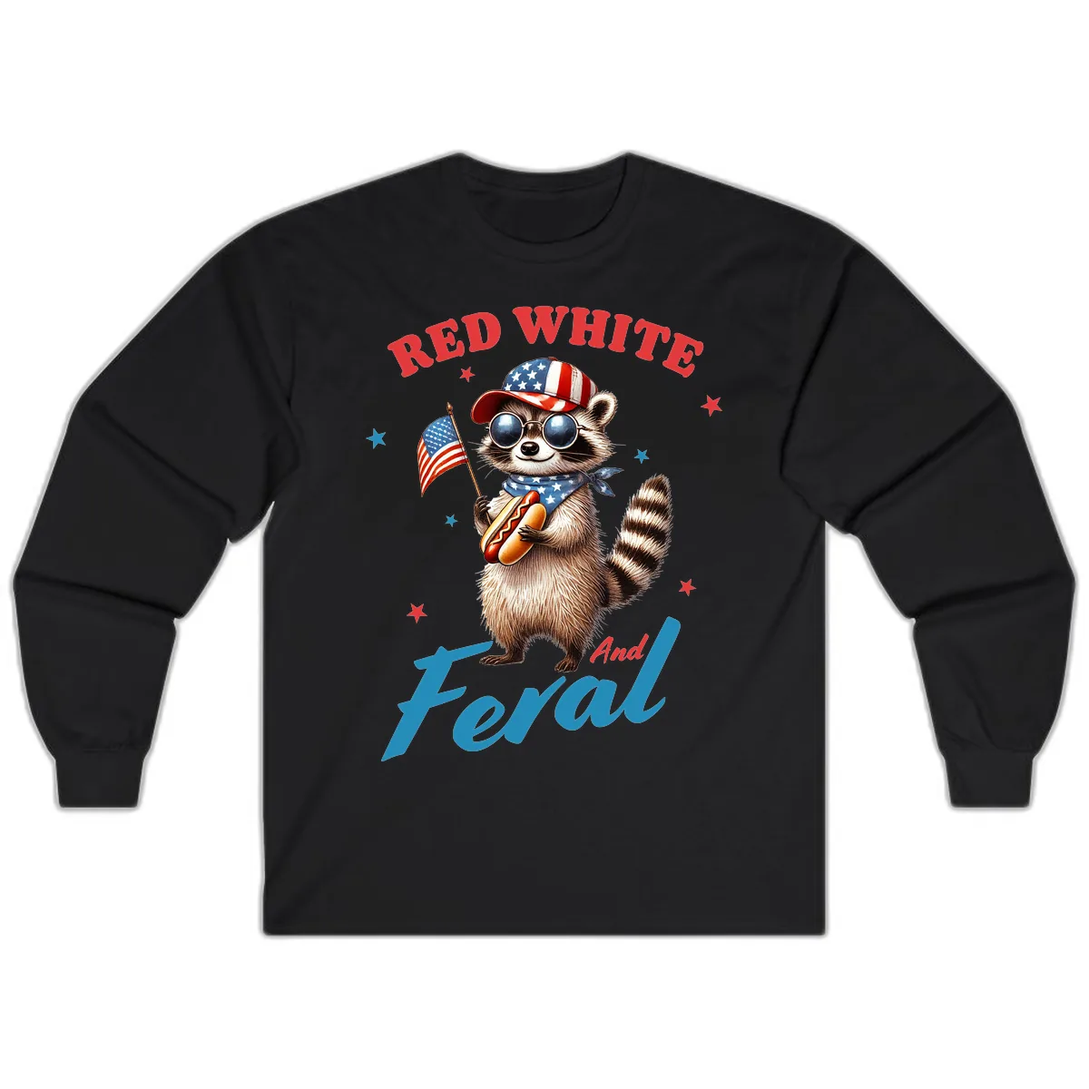 Red White And Feral Patriotic Raccoon Long Sleeve in Black