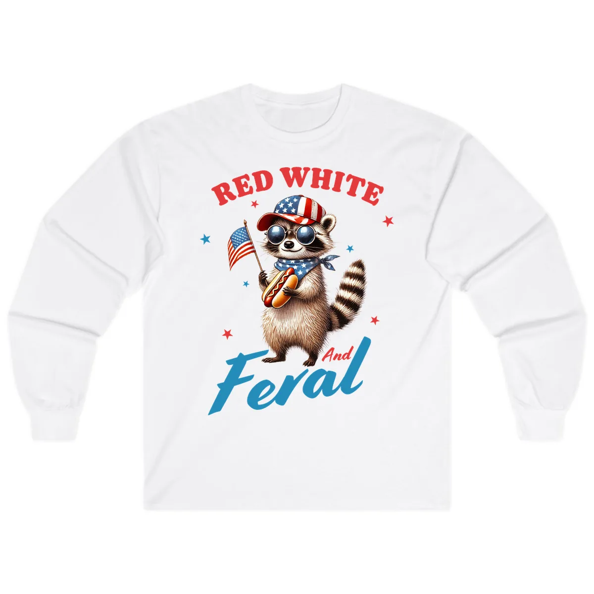Red White And Feral Patriotic Raccoon Long Sleeve in White