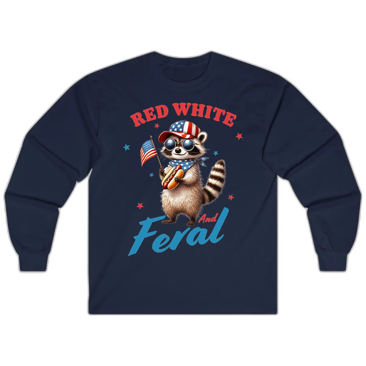 Red White And Feral Patriotic Raccoon Long Sleeve in Navy