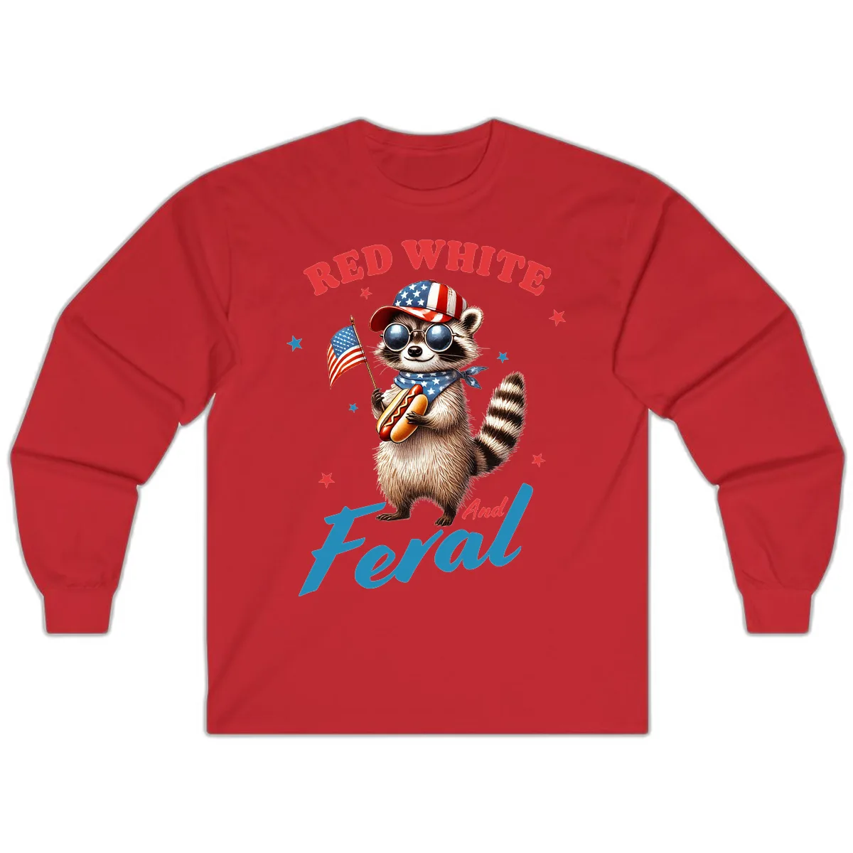 Red White And Feral Patriotic Raccoon Long Sleeve in Red