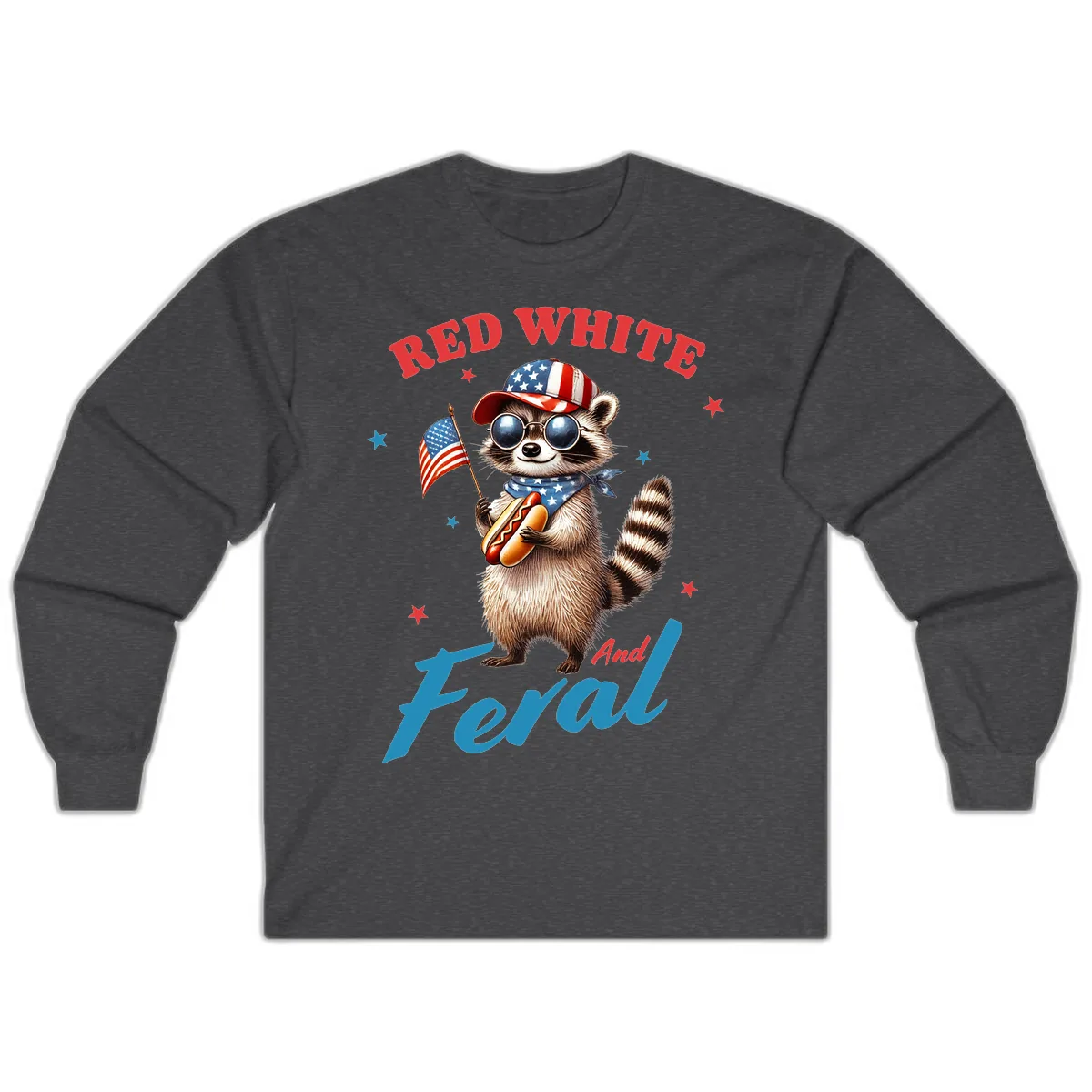 Red White And Feral Patriotic Raccoon Long Sleeve in Dark Heather