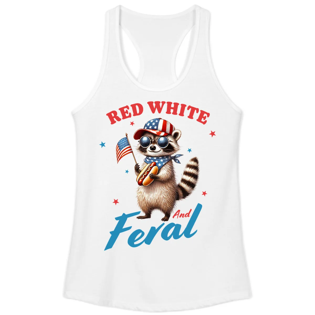 Red White And Feral Patriotic Raccoon Ladies Tank in White