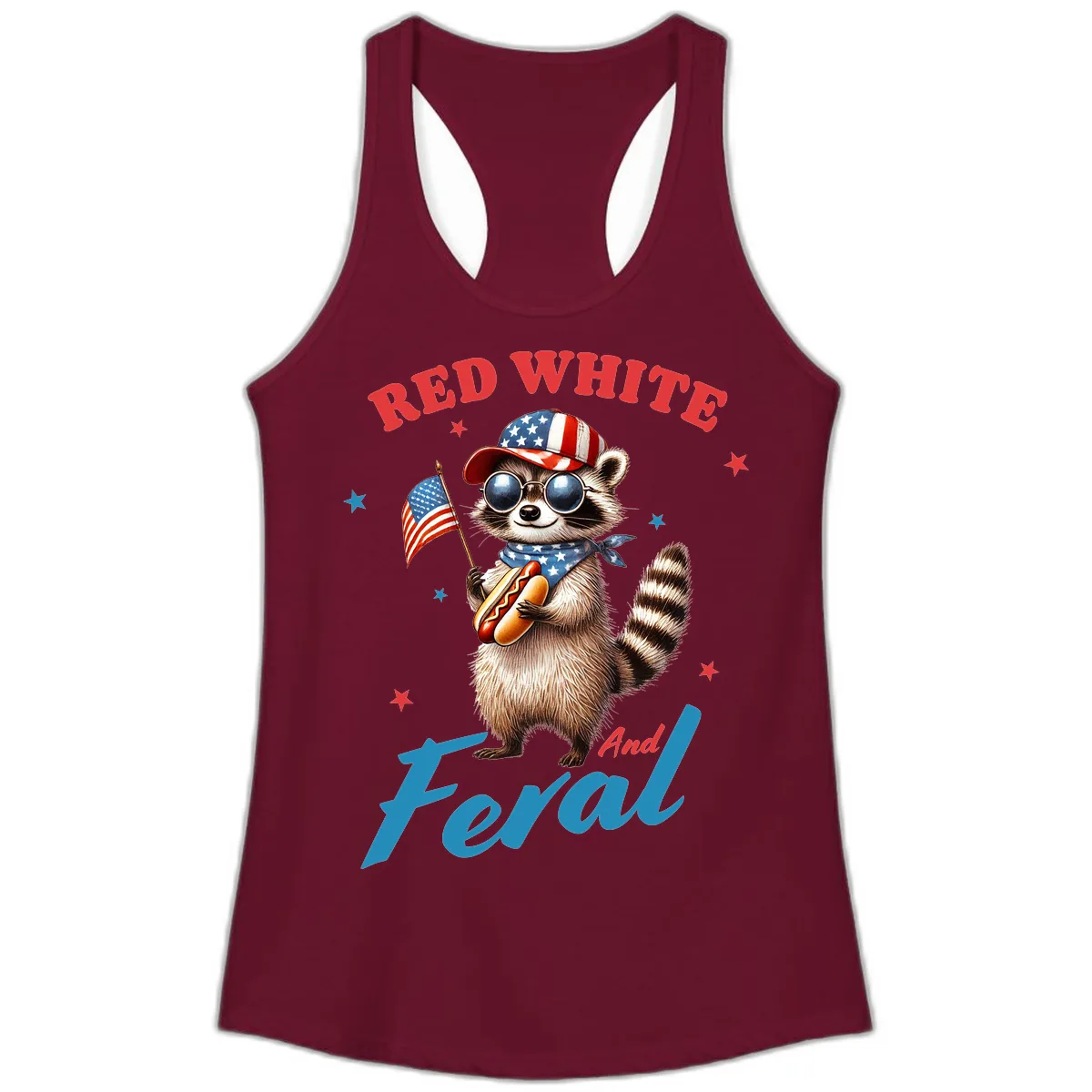 Red White And Feral Patriotic Raccoon Ladies Tank in Solid Cardinal Red