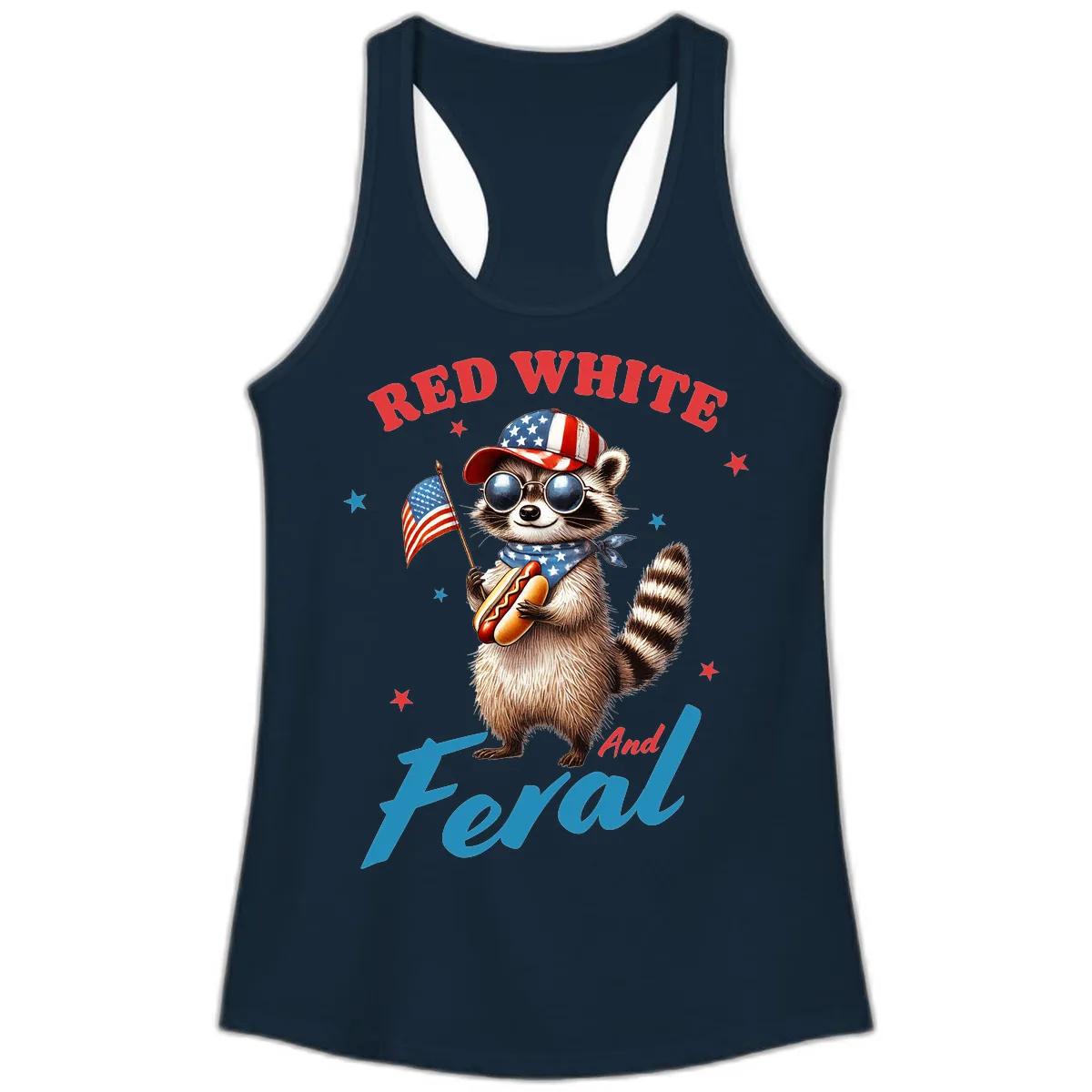 Red White And Feral Patriotic Raccoon Ladies Tank in Solid Midnight Navy
