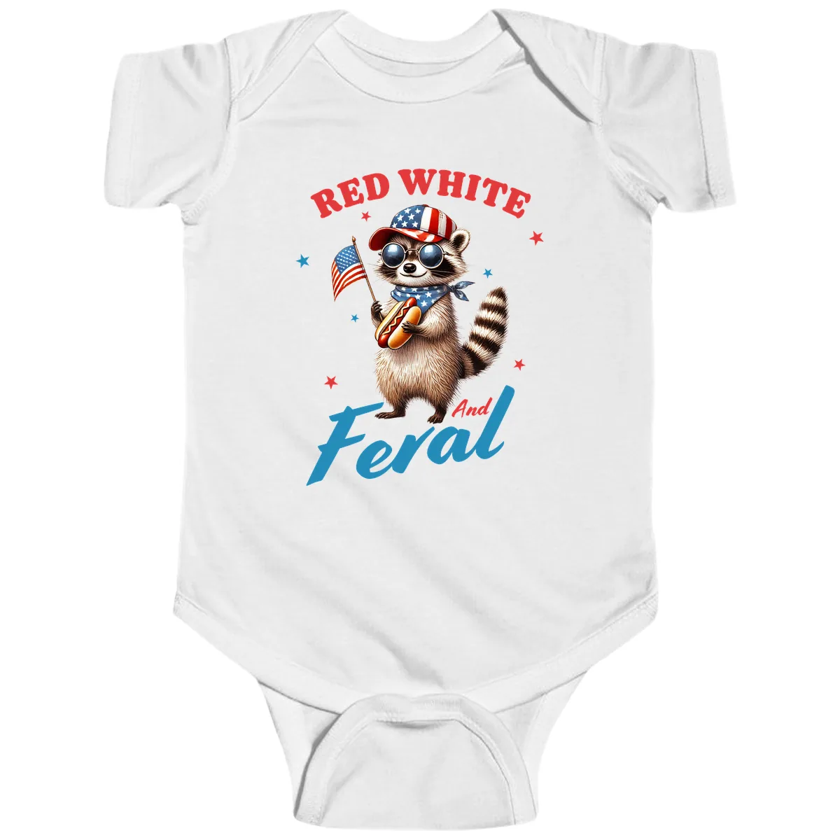 Red White And Feral Patriotic Raccoon Baby Onesie in White
