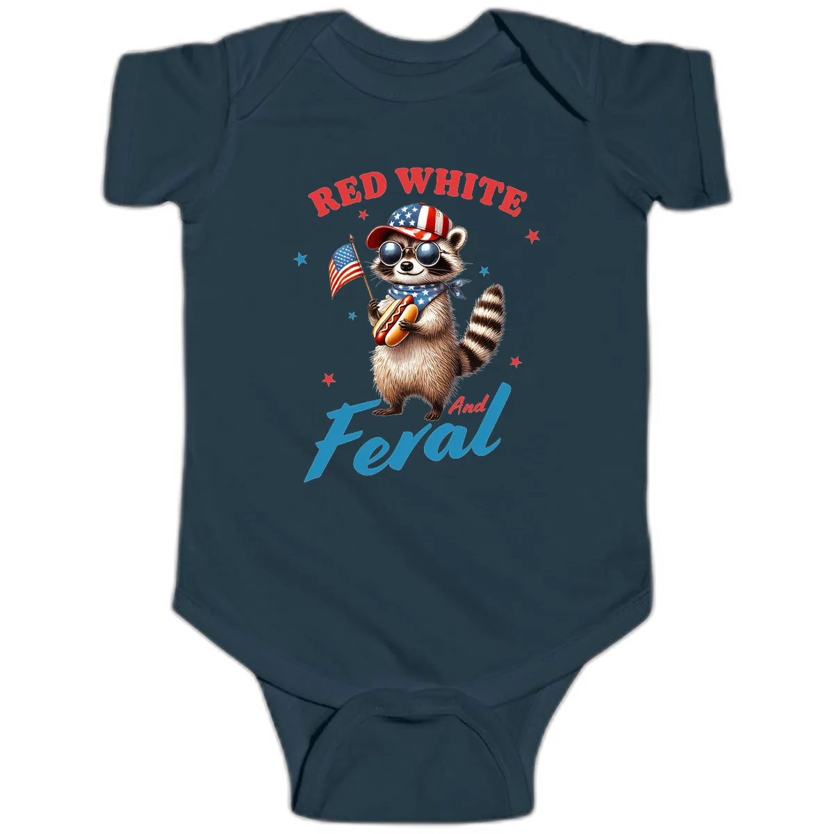 Red White And Feral Patriotic Raccoon Baby Onesie in Navy