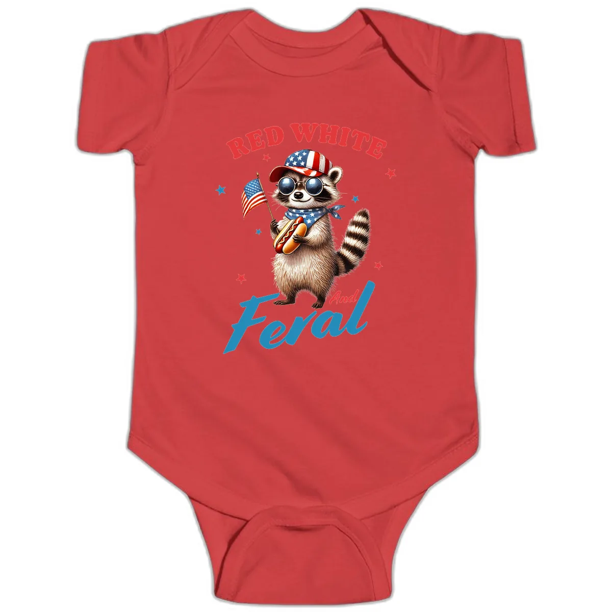 Red White And Feral Patriotic Raccoon Baby Onesie in Red