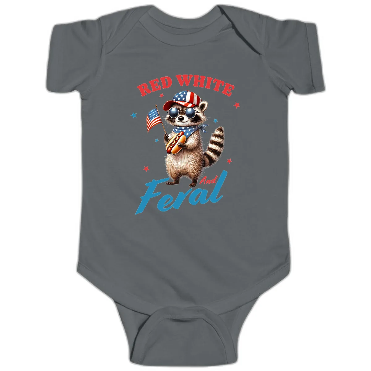 Red White And Feral Patriotic Raccoon Baby Onesie in Charcoal