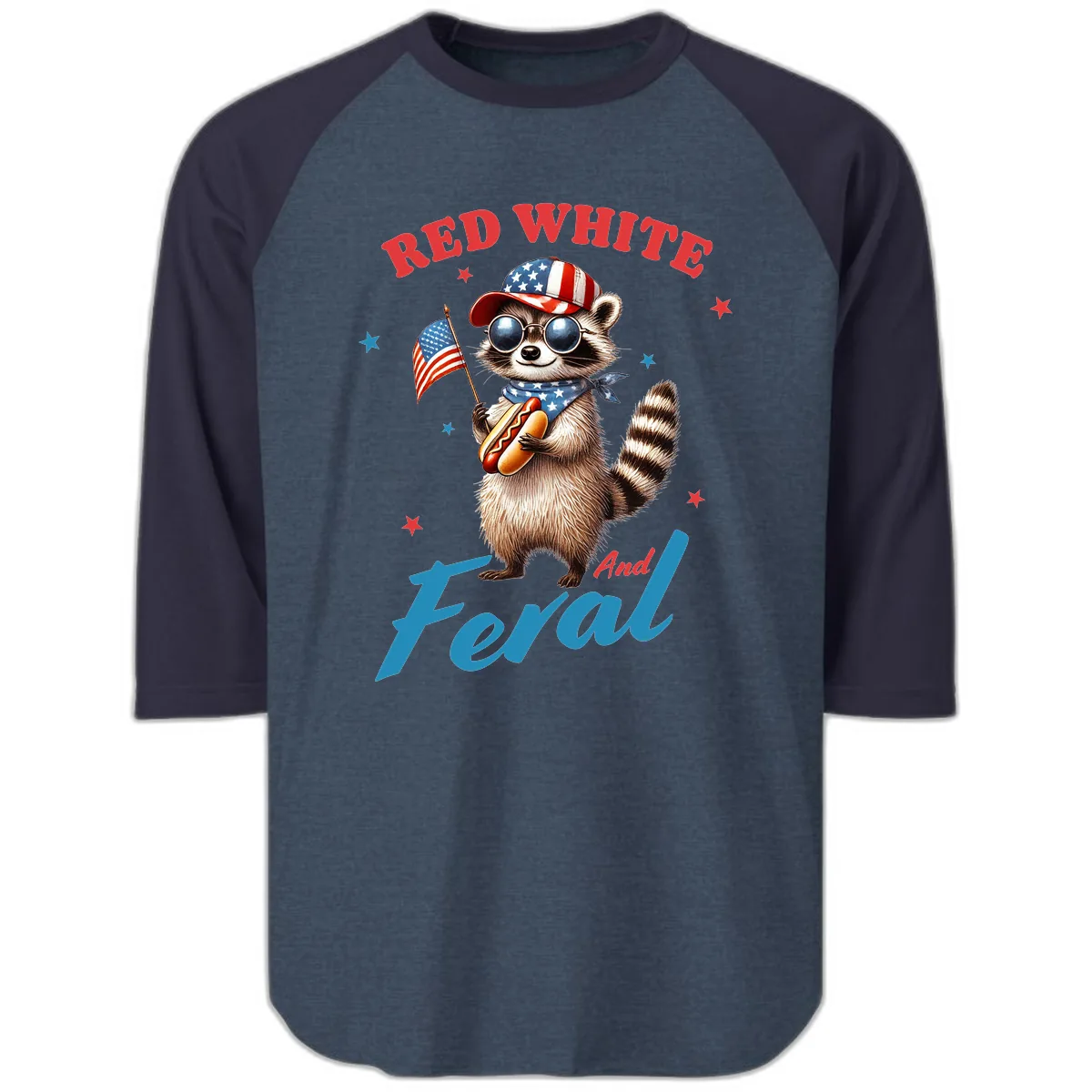 Red White And Feral Patriotic Raccoon Raglan 3/4 in Heather Denim Navy