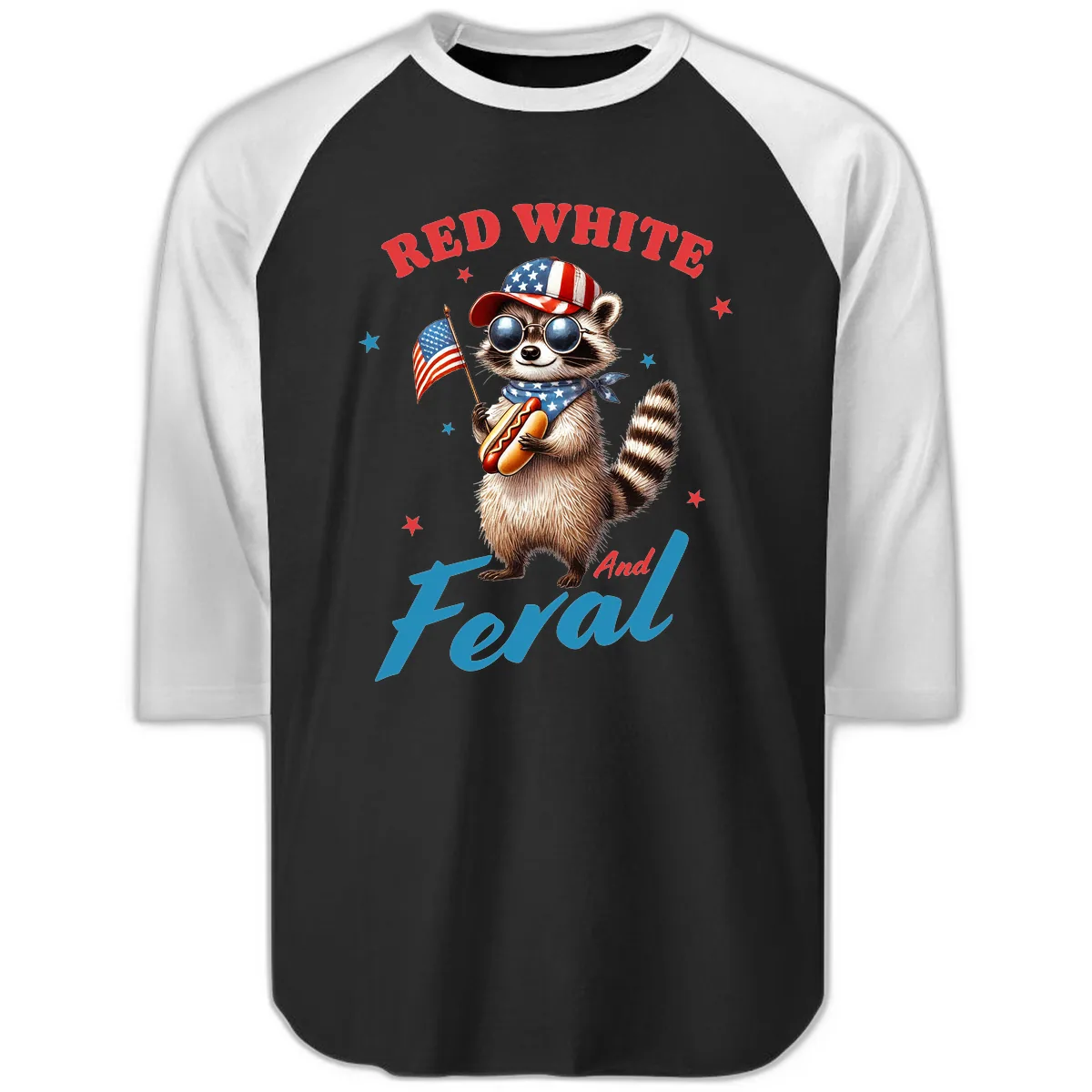 Red White And Feral Patriotic Raccoon Raglan 3/4 in Black White