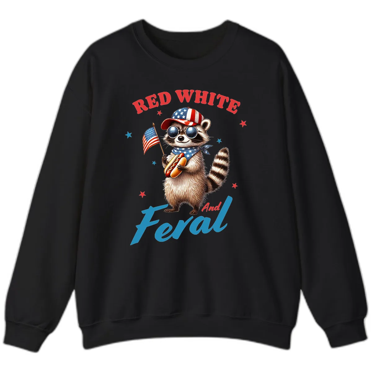 Red White And Feral Patriotic Raccoon Sweatshirt in Black