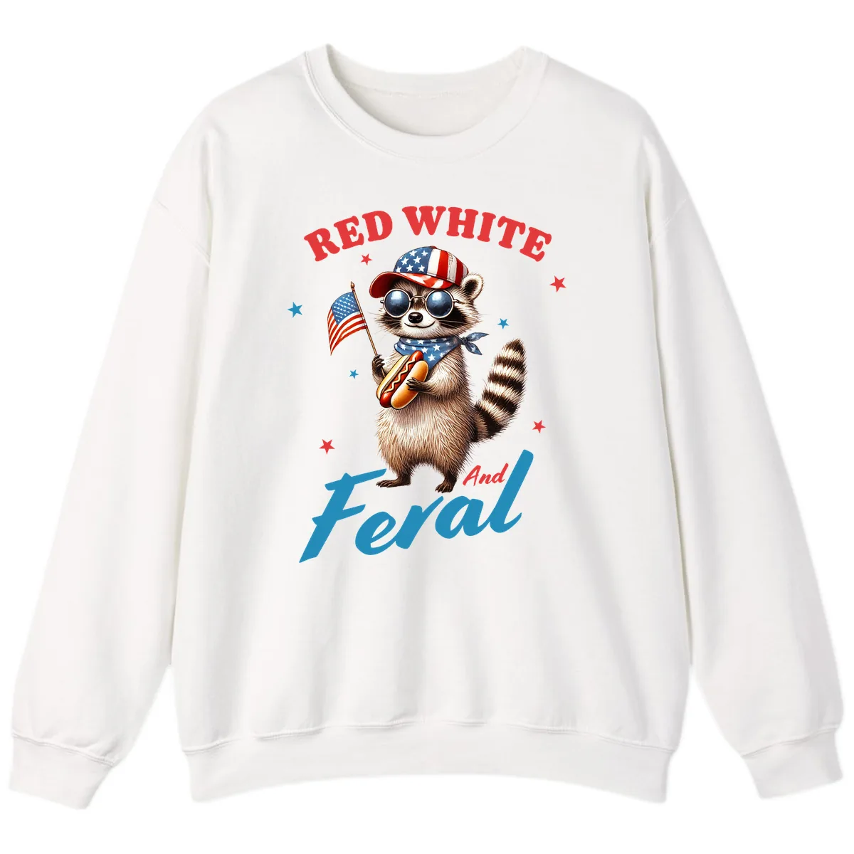 Red White And Feral Patriotic Raccoon Sweatshirt in White