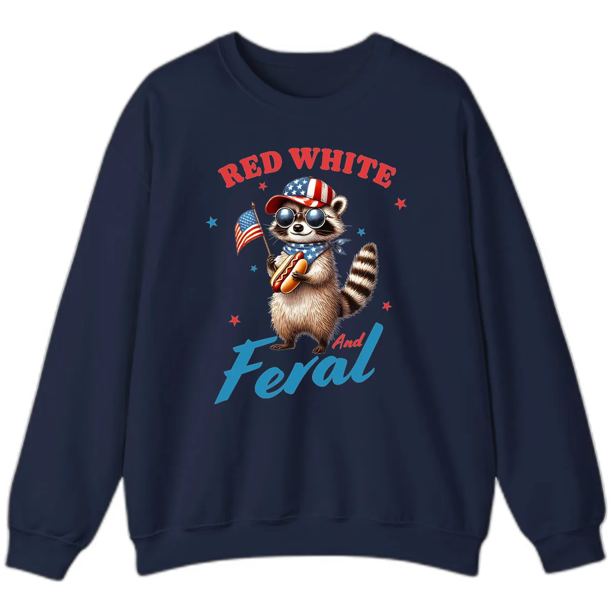 Red White And Feral Patriotic Raccoon Sweatshirt in Navy