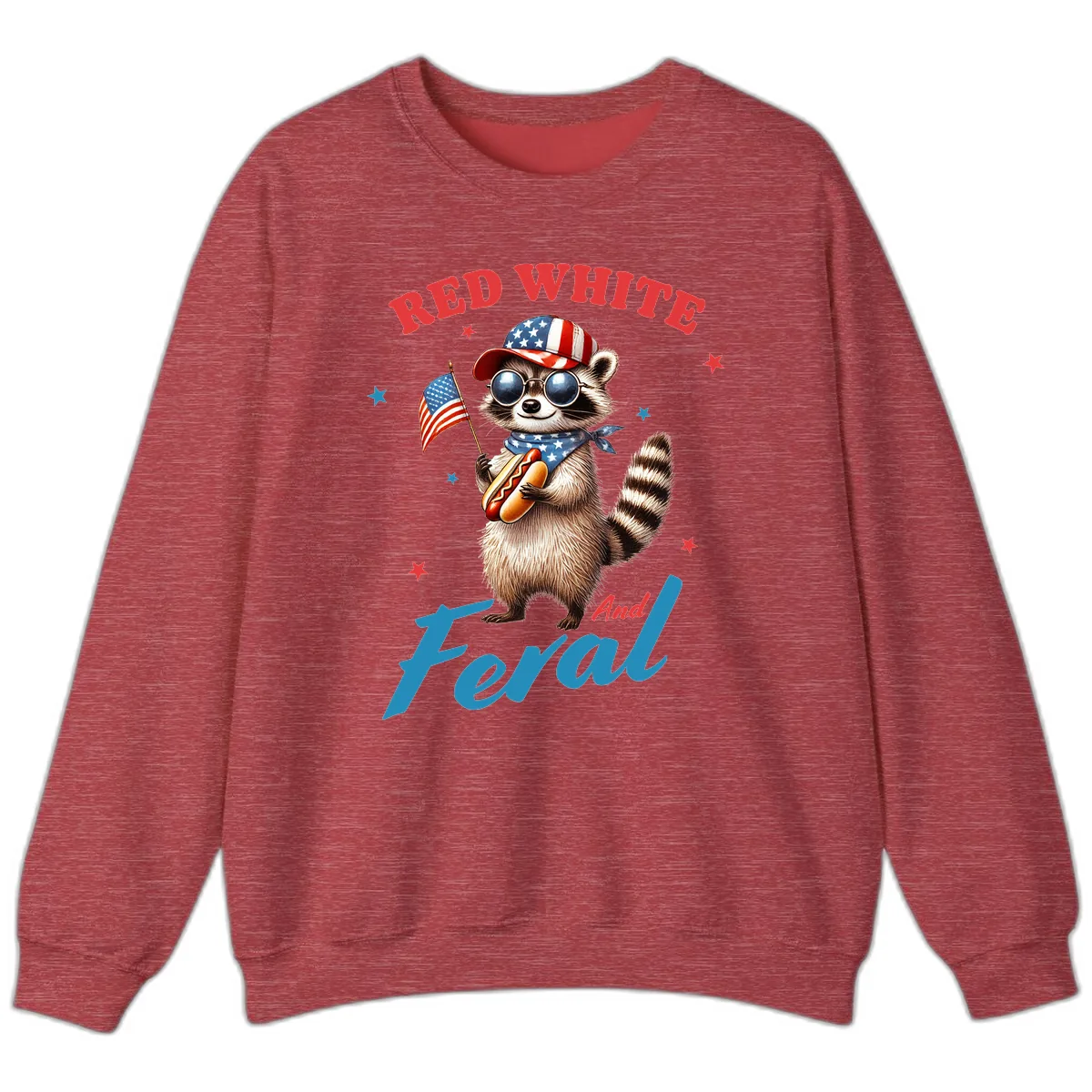 Red White And Feral Patriotic Raccoon Sweatshirt in Heather Scarlet Red