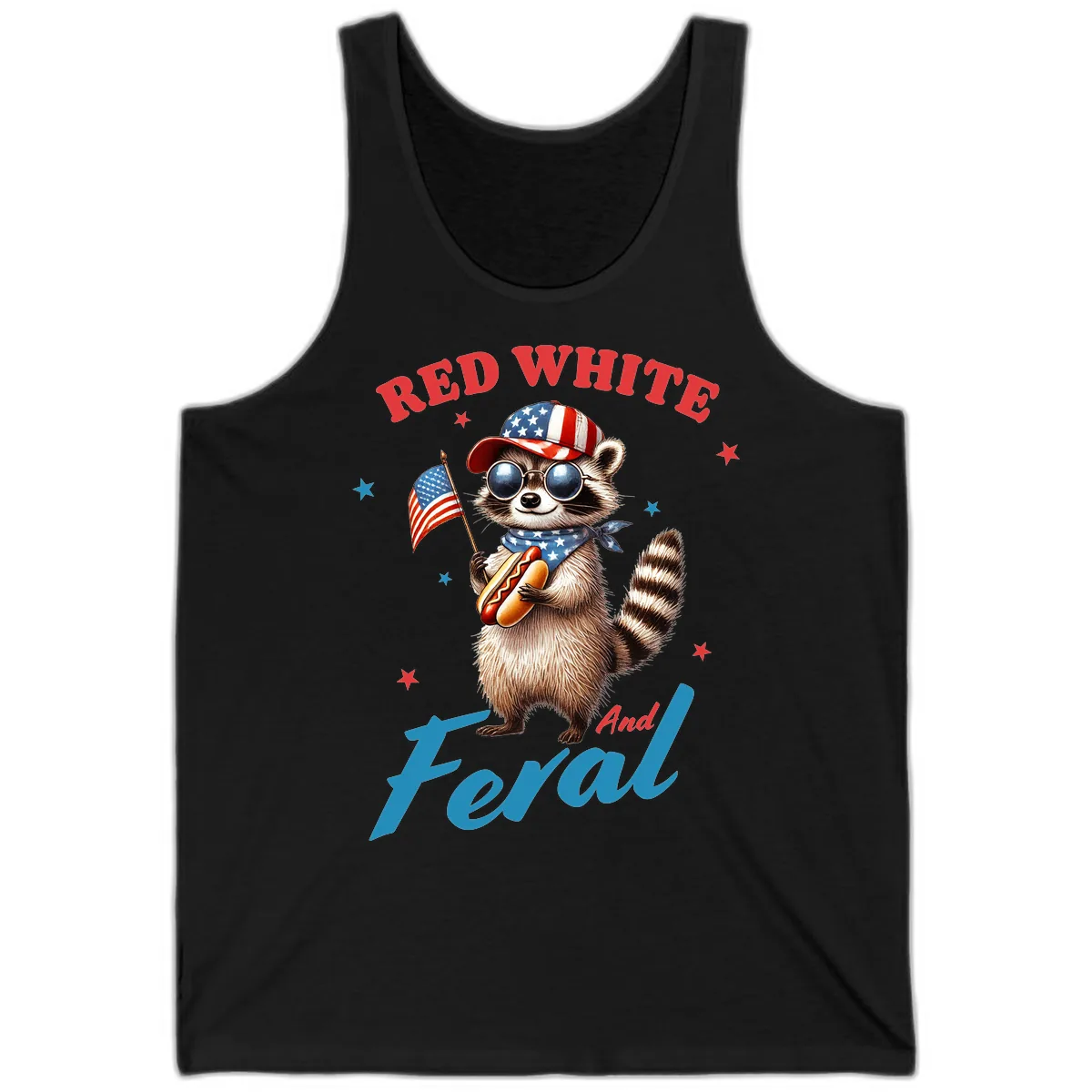 Red White And Feral Patriotic Raccoon Tank in Black