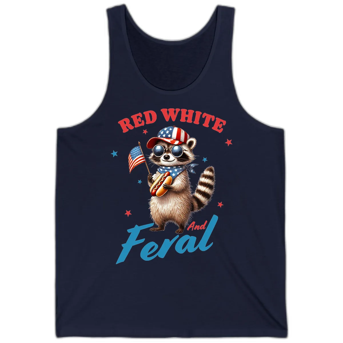 Red White And Feral Patriotic Raccoon Tank in Navy