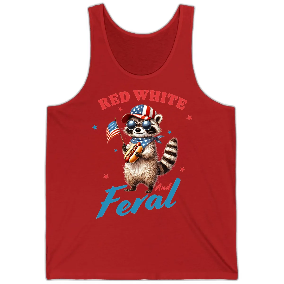 Red White And Feral Patriotic Raccoon Tank in Red