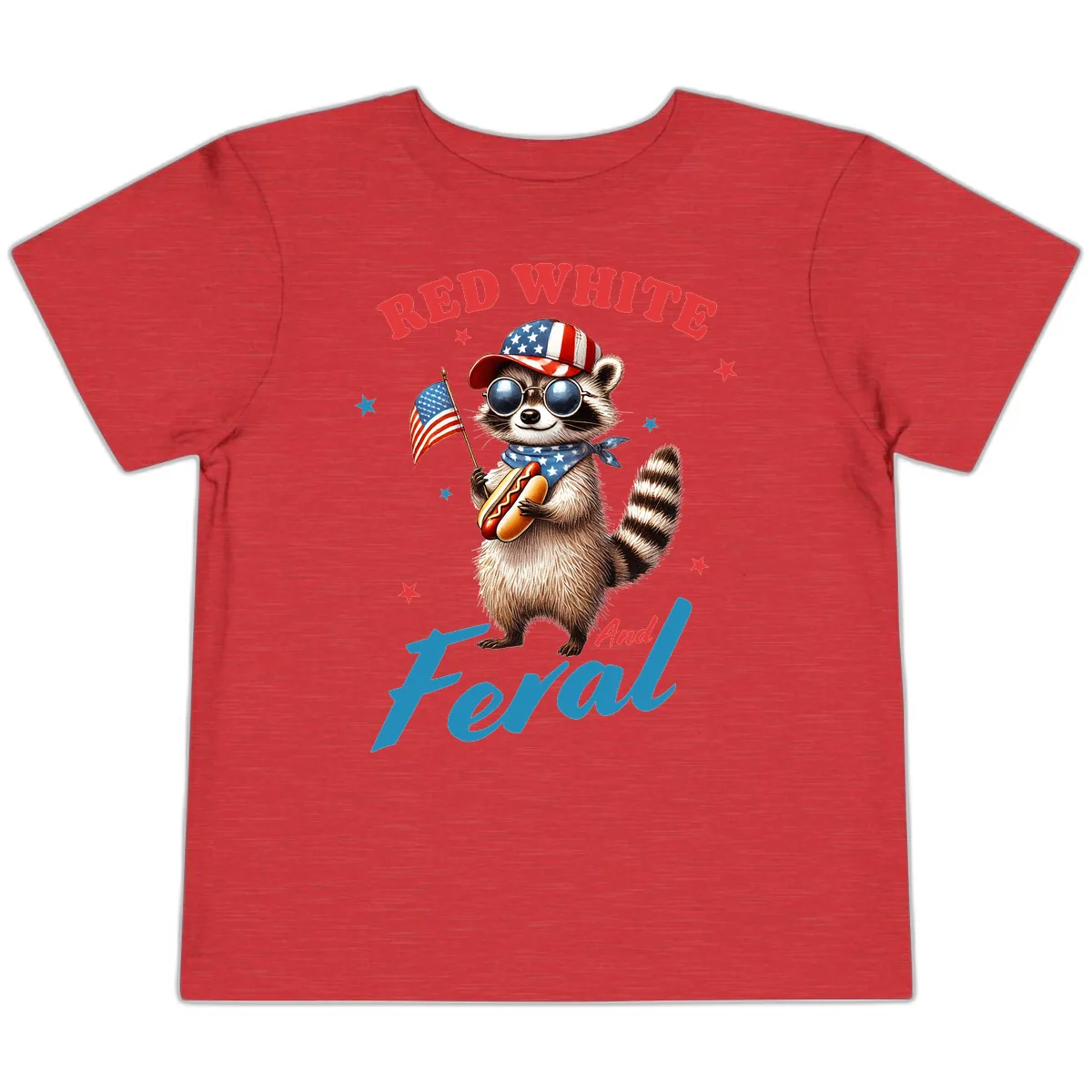 Red White And Feral Patriotic Raccoon Toddler T-Shirt in Heather Red