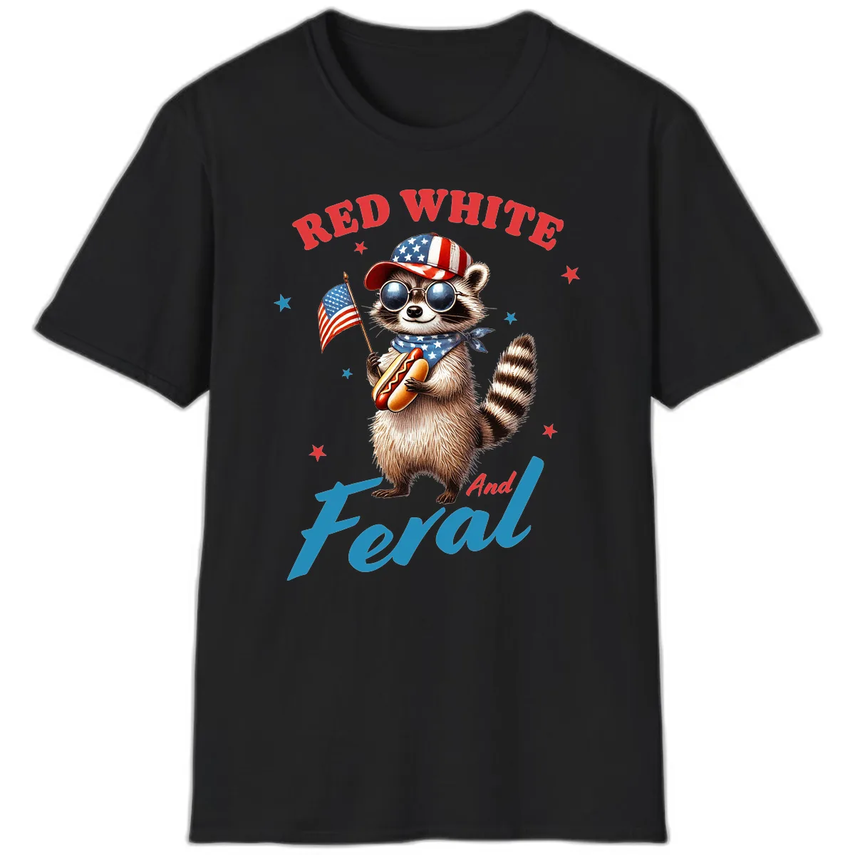 Red White And Feral Patriotic Raccoon T-Shirt in Black