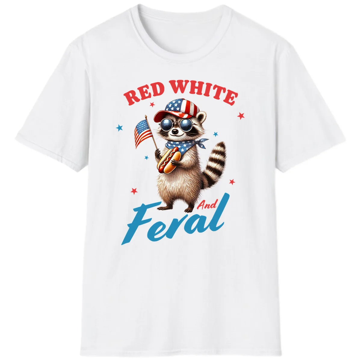 Red White And Feral Patriotic Raccoon T-Shirt in White