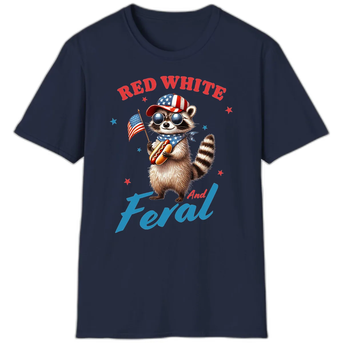 Red White And Feral Patriotic Raccoon T-Shirt in Navy