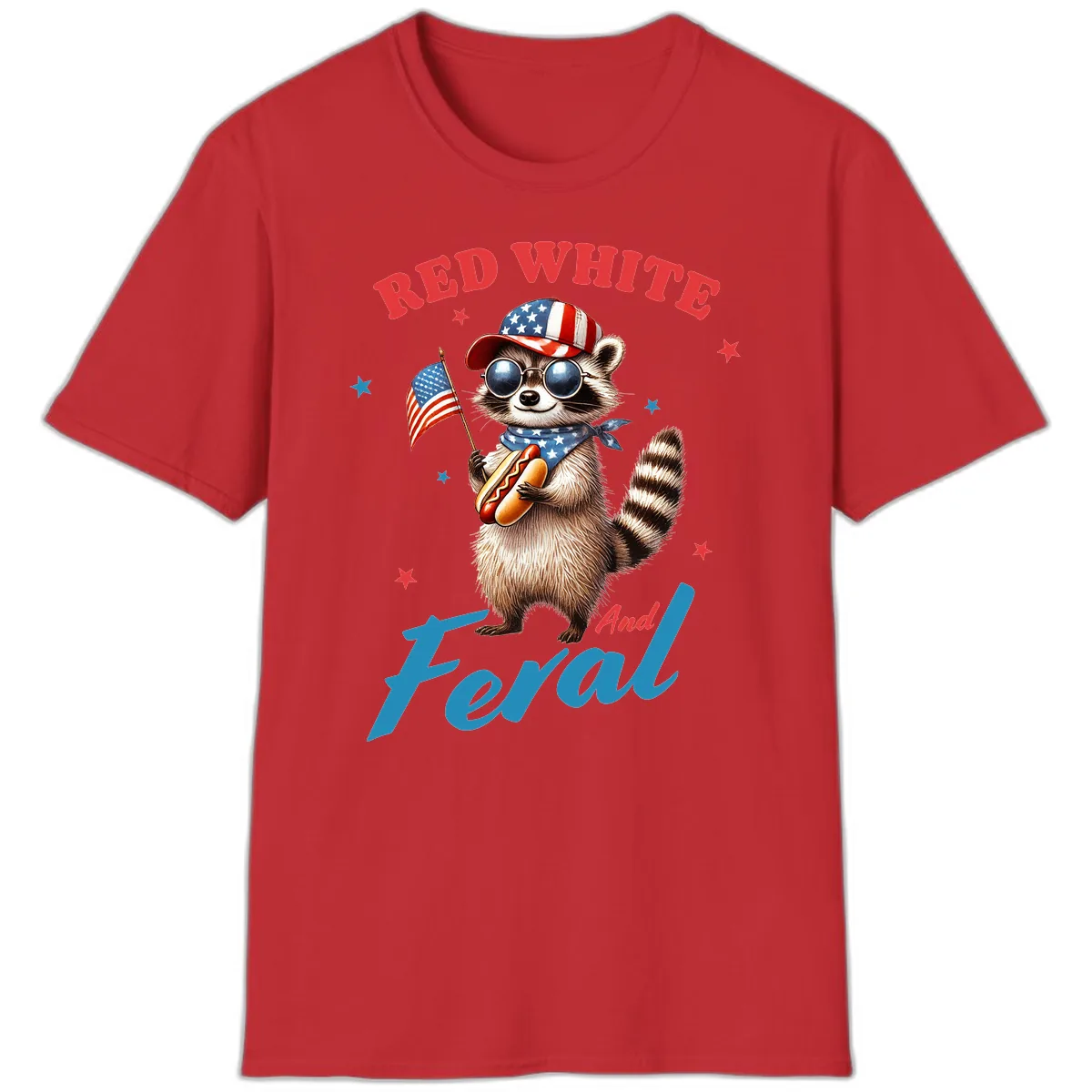 Red White And Feral Patriotic Raccoon T-Shirt in Red
