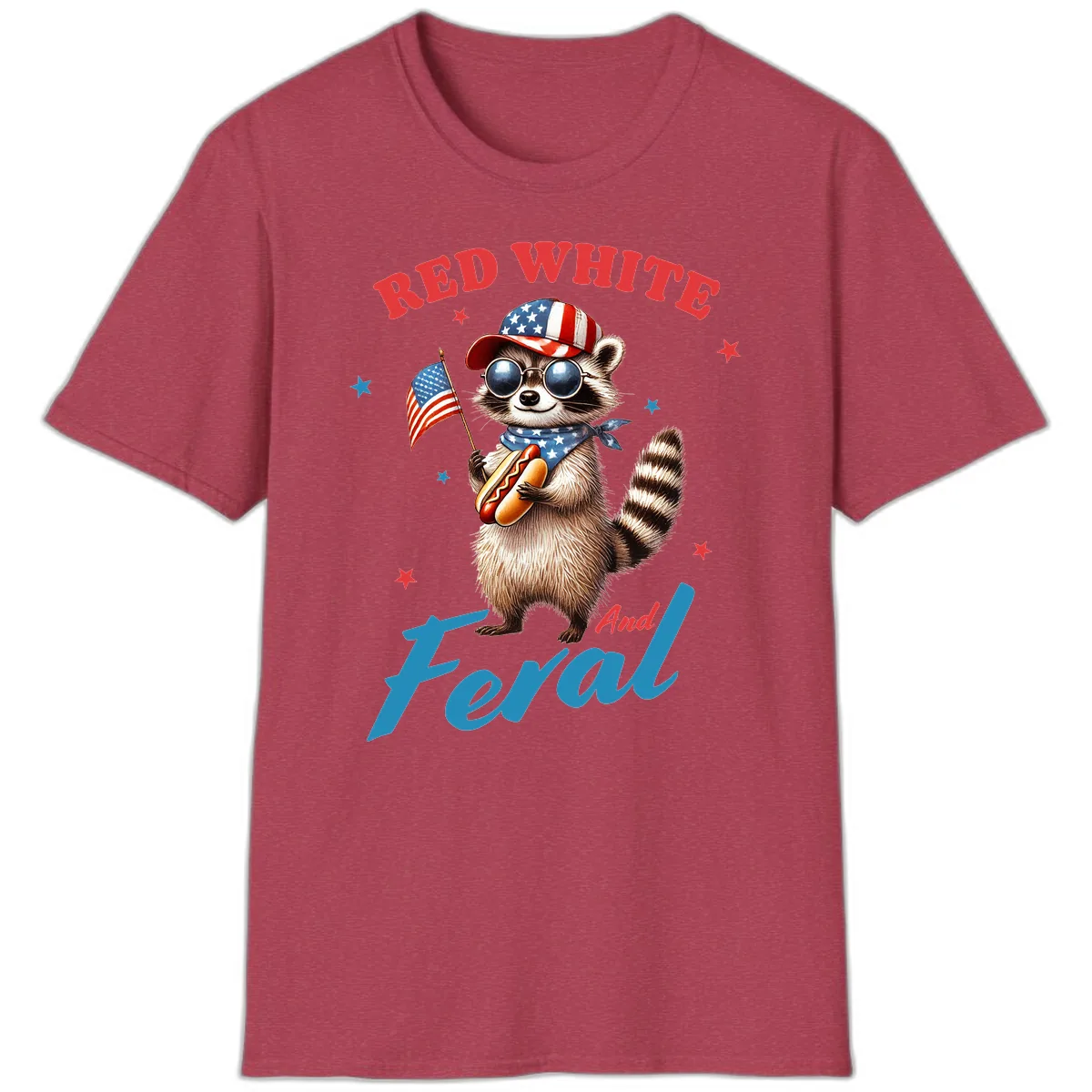 Red White And Feral Patriotic Raccoon T-Shirt in Heather Cardinal