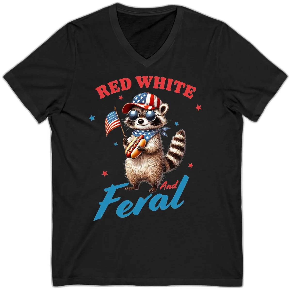 Red White And Feral Patriotic Raccoon V-Neck in Black