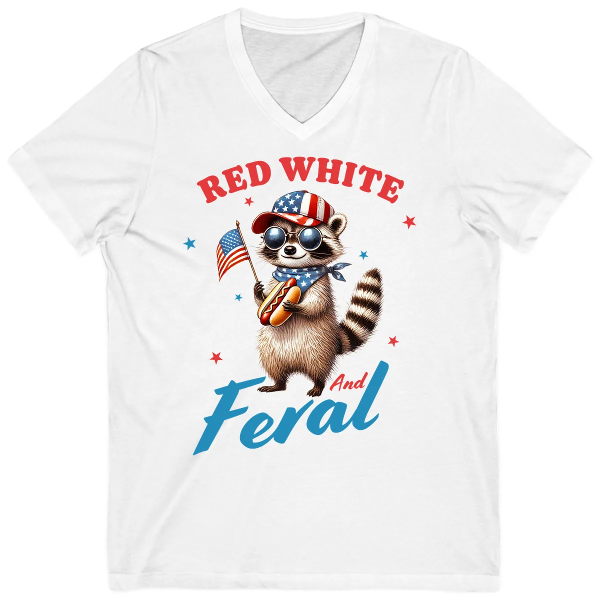Red White And Feral Patriotic Raccoon V-Neck in White