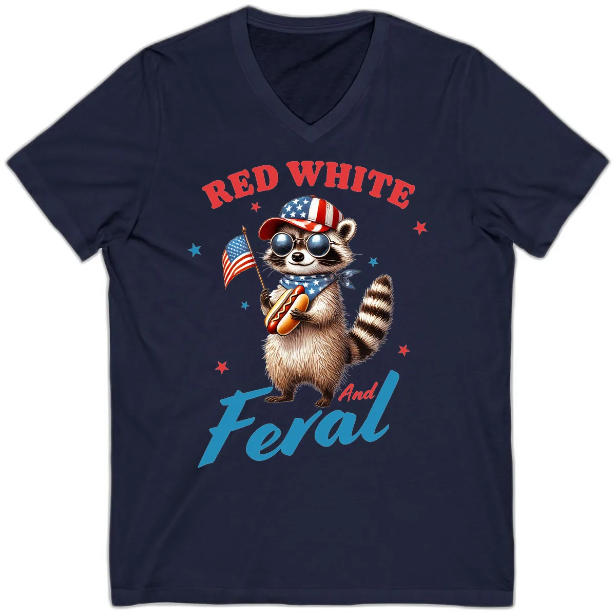 Red White And Feral Patriotic Raccoon V-Neck in Navy
