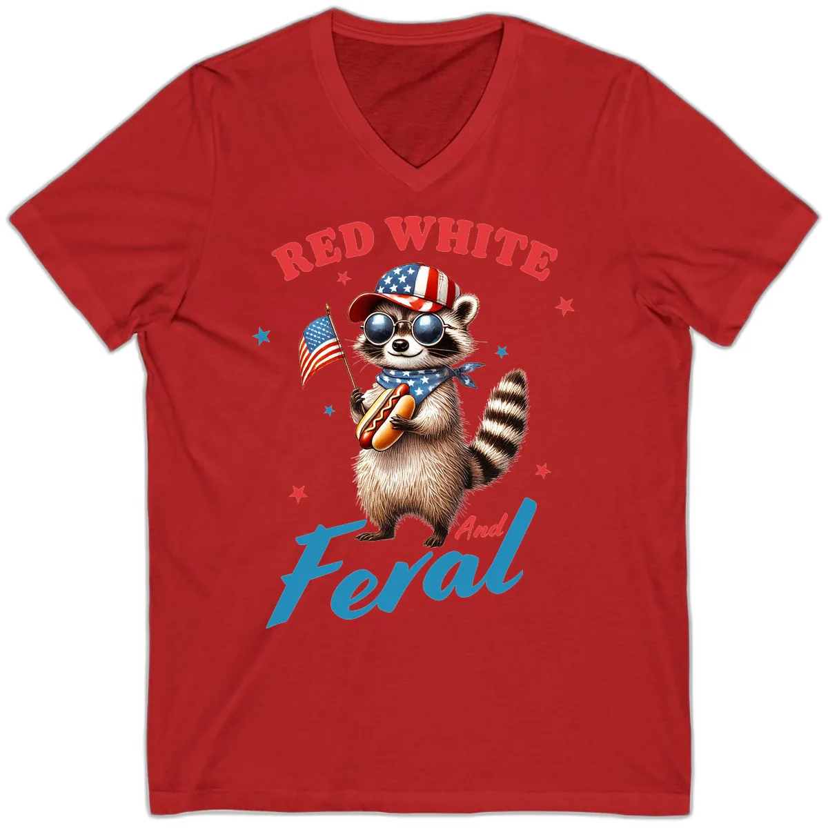 Red White And Feral Patriotic Raccoon V-Neck in Red