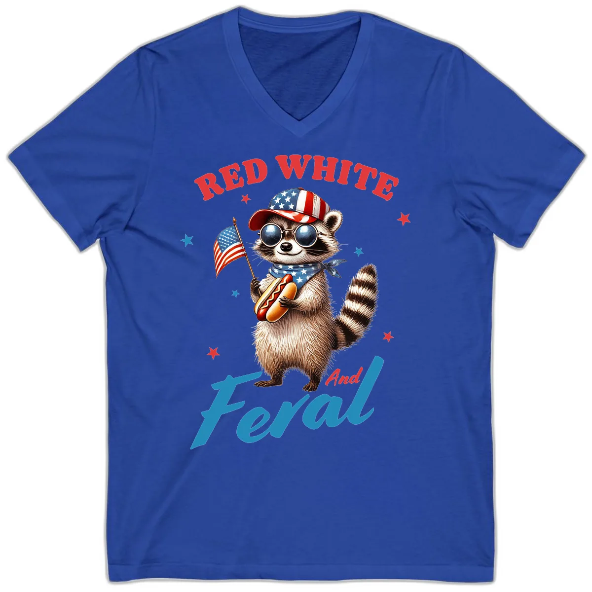 Red White And Feral Patriotic Raccoon V-Neck in True Royal