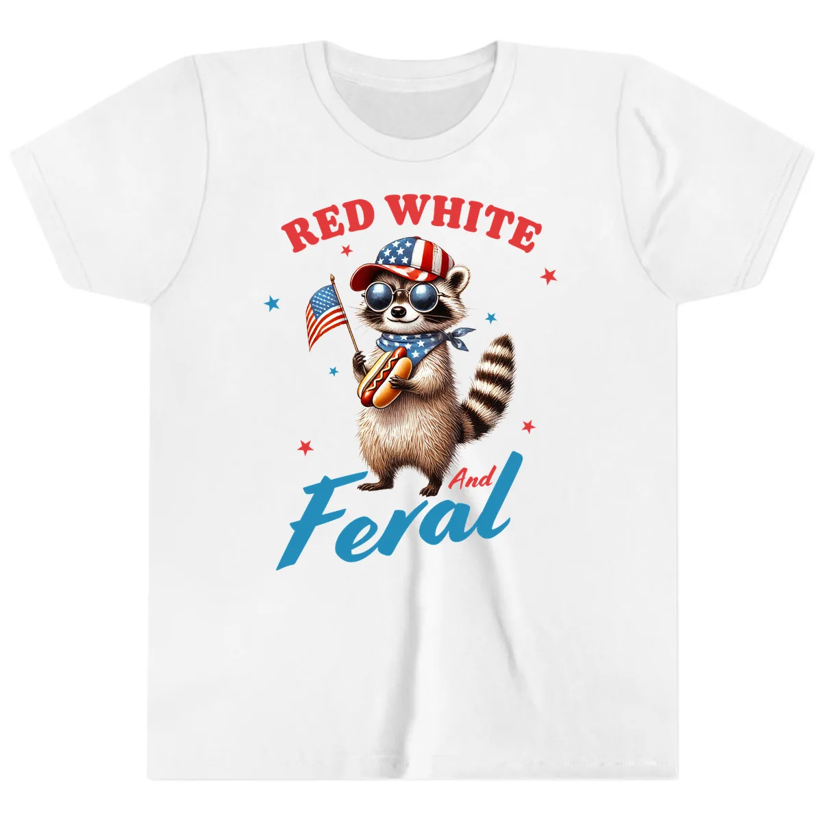 Red White And Feral Patriotic Raccoon Youth T-Shirt in White