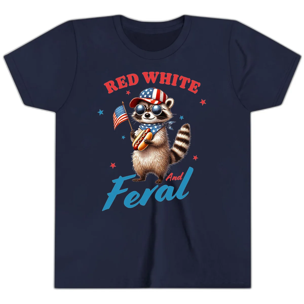 Red White And Feral Patriotic Raccoon Youth T-Shirt in Navy