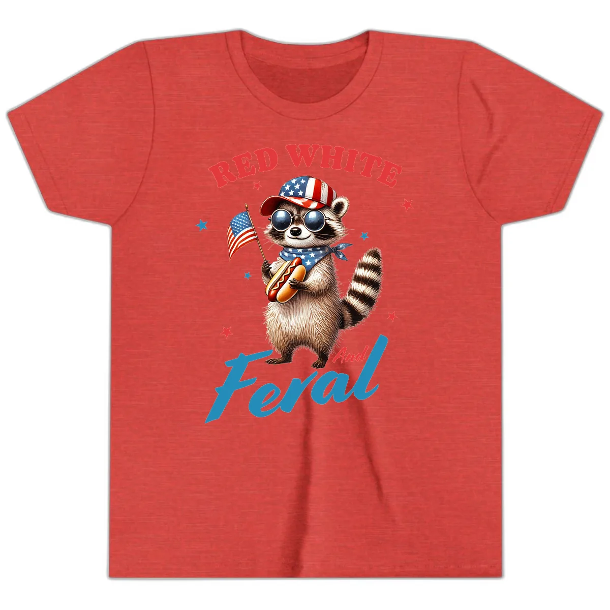 Red White And Feral Patriotic Raccoon Youth T-Shirt in Heather Red