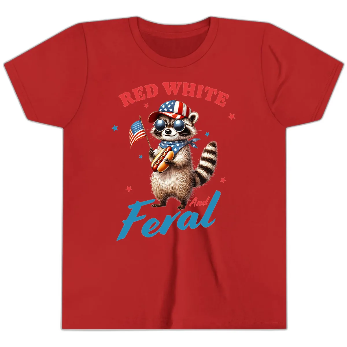 Red White And Feral Patriotic Raccoon Youth T-Shirt in Red